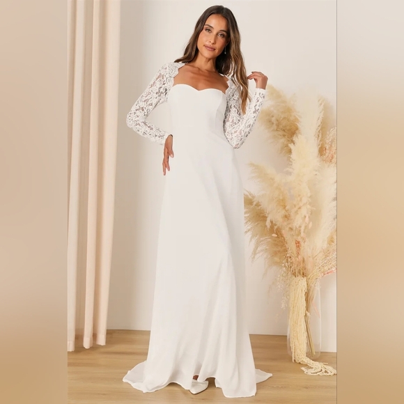 Lulus Promised Forever White Lace Long Sleeve Backless Maxi Dress M Wedding Boho - Picture 2 of 11